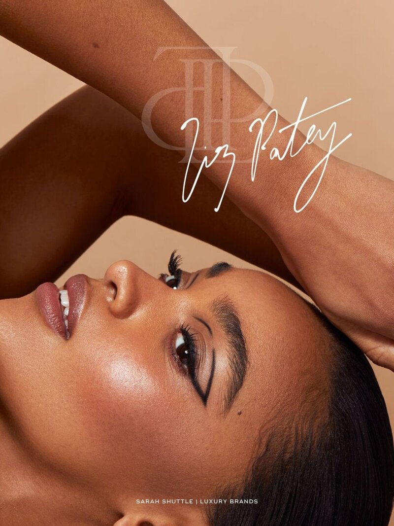Editorial beauty model image with Liz Patey brand signature logo overlay