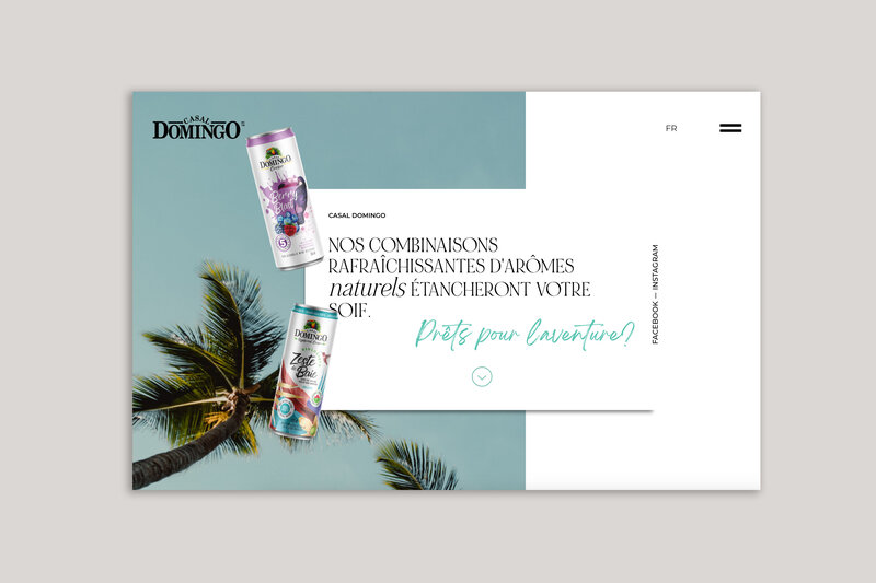 Capture d'écran de la page d'accueil du site Web Casal Domingo, présentant leurs boissons rafraîchissantes avec des arômes naturels. La refonte du site combine modernité et fraîcheur pour attirer une nouvelle génération de consommateurs.