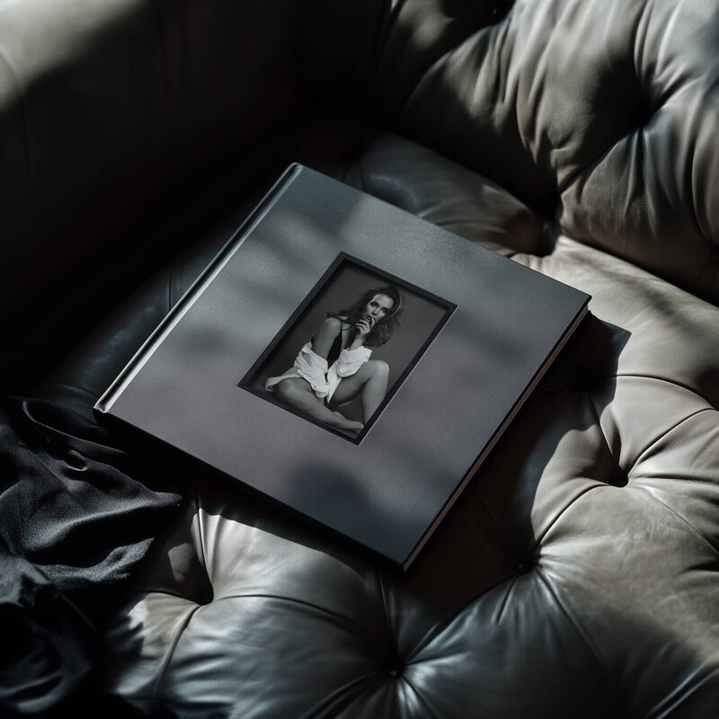 Fine art portrait album featuring a black-and-white glamour portrait, photographed by The Picture House in Birmingham, Alabama.