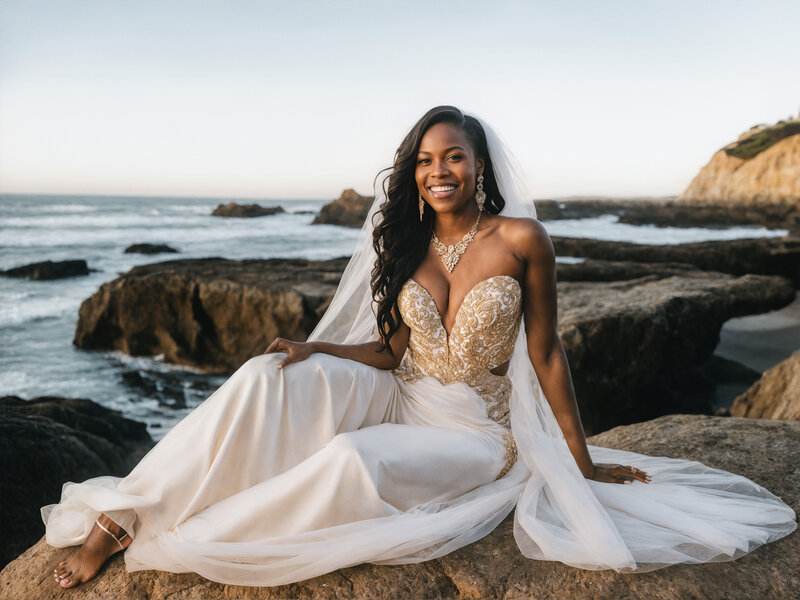 Striking image of a bride standing gracefully on a stairway, framed by the natural splendor of Half Moon Bay, capturing a moment of pure elegance.
