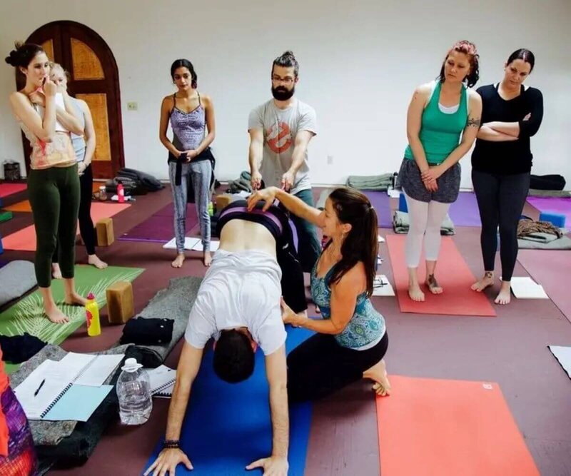 Yoga therapy training students learning safe downward dog adjustments California