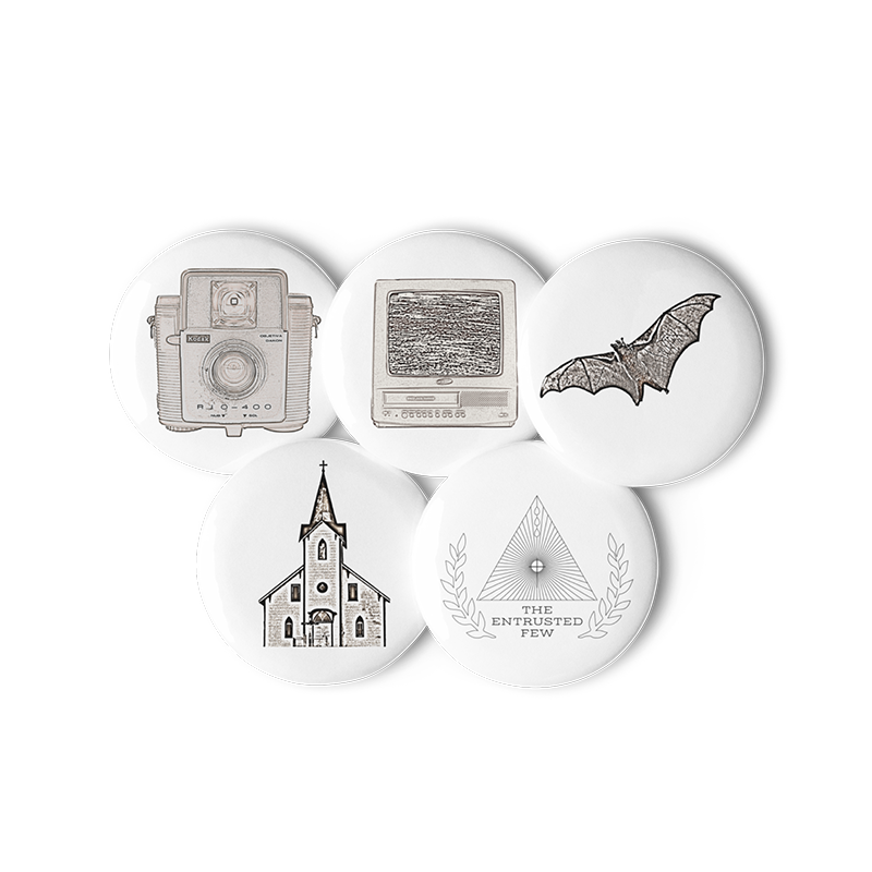 Five Button Pins Pack - Camera, Static TV, Bat, Church, and Logo Designs