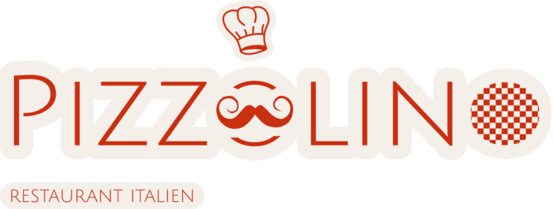 Logo horizontal de Pizzolino aux couleurs du branding afin de représenter ses valeurs : tradition, convivialité, authenticité et partage.