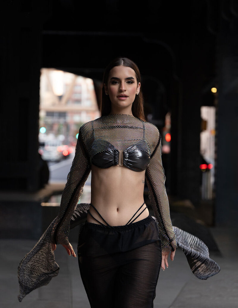 Stunning model strikes a pose in a captivating New York street styled photoshoot, showcasing elegance and style