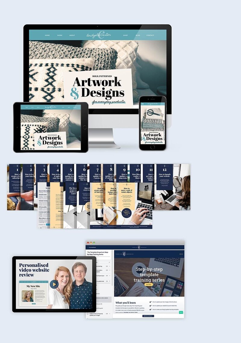 Our Showit website templates come with training, and bonuses so you can launch your surface pattern designer website simply.