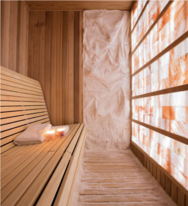 Peaceful salt room interior with wooden benches and pink Himalayan salt wall at Vitalis Mount Juliet