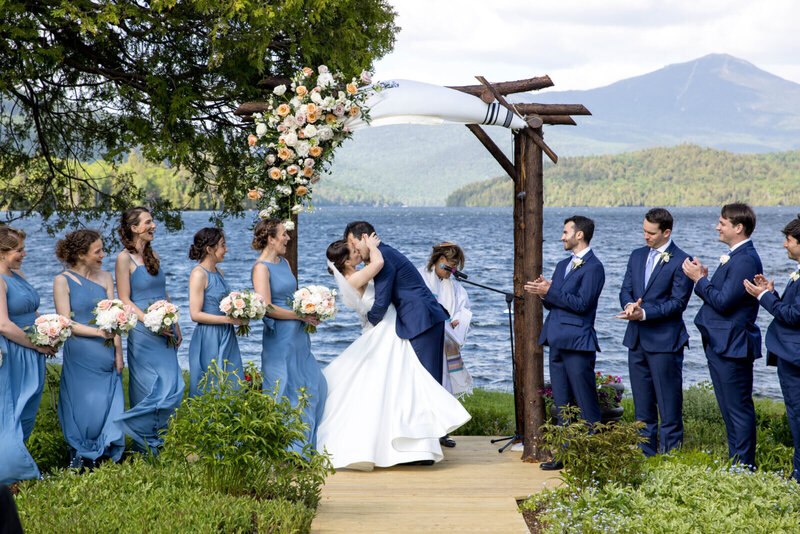 Bride and groom at lake placid wedding ceremony