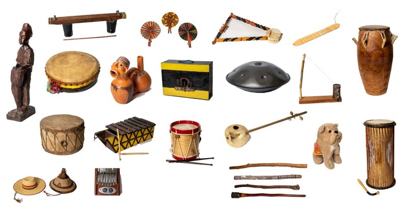 A selection of instruments and cultural objects from the Peace Culture Music collection