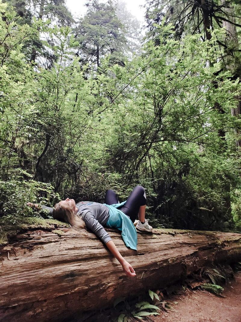 girl laying on fallen tree in forest