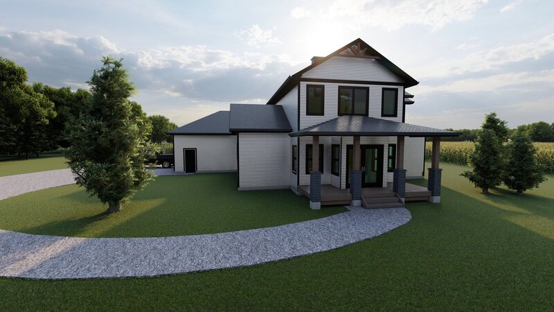 White farm style house with front lawn and walkway