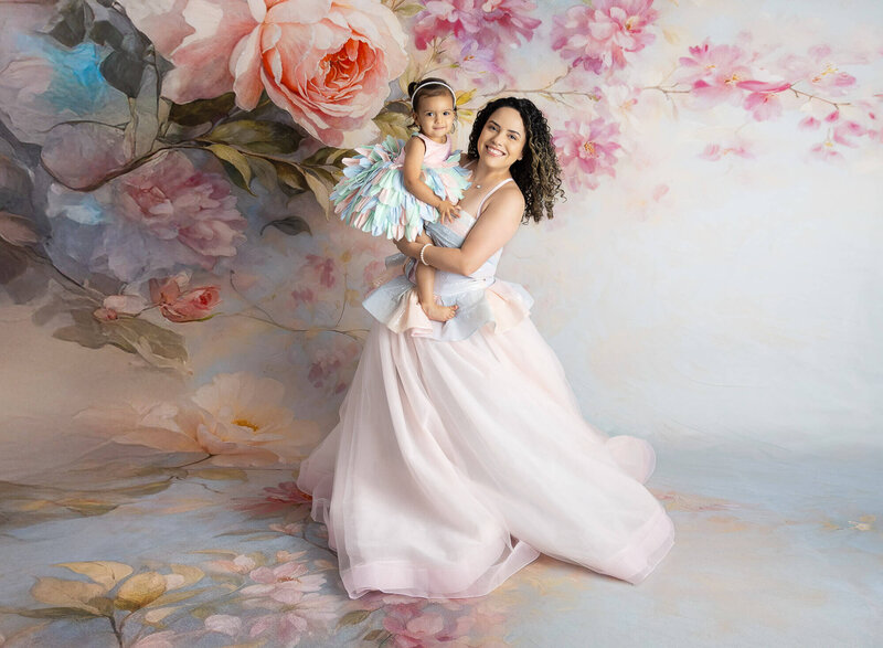 Mother and daughter portrait session in elegant gowns near San Antonio