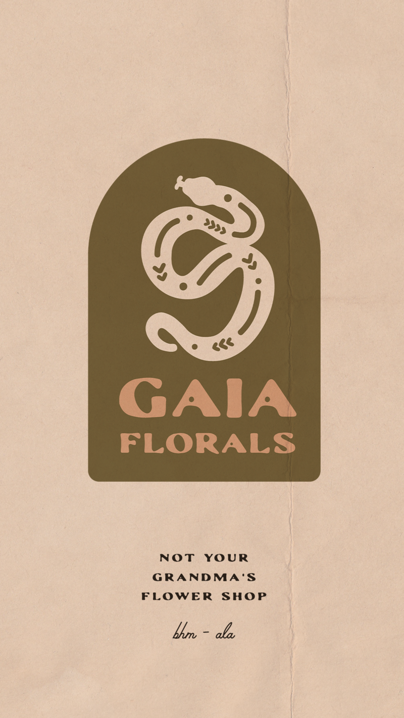 Gaia Florals logo with snake illustration above brand tagline on a tan textured background