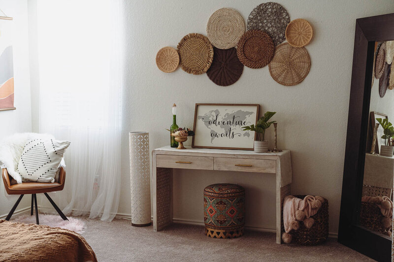 boho themed room with large mirror