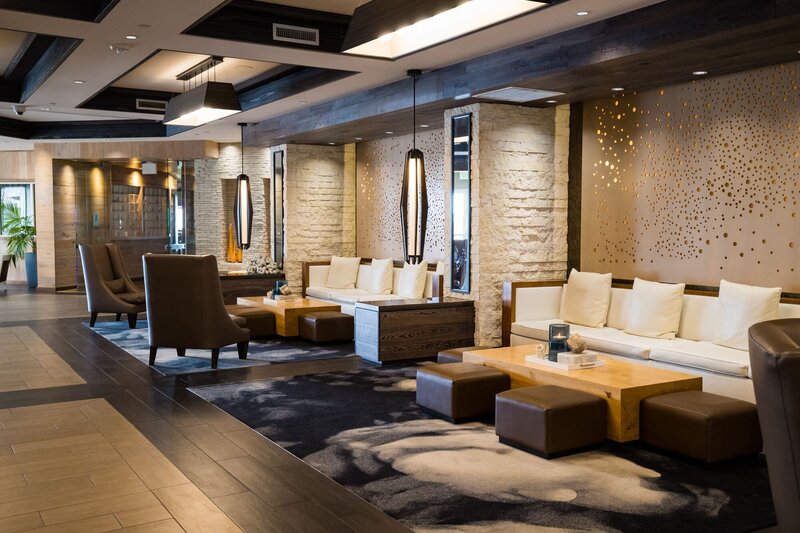 The lobby and seating area at Cape Rey Carlsbad Beach in San Diego.