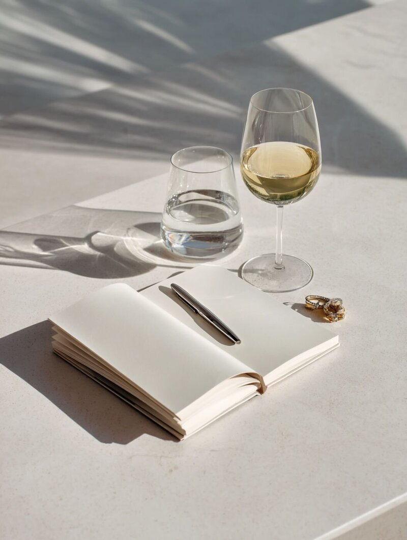 Sunlit stone table with an open blank notebook and pen, a glass of white wine, a glass of water and a gold ring set.