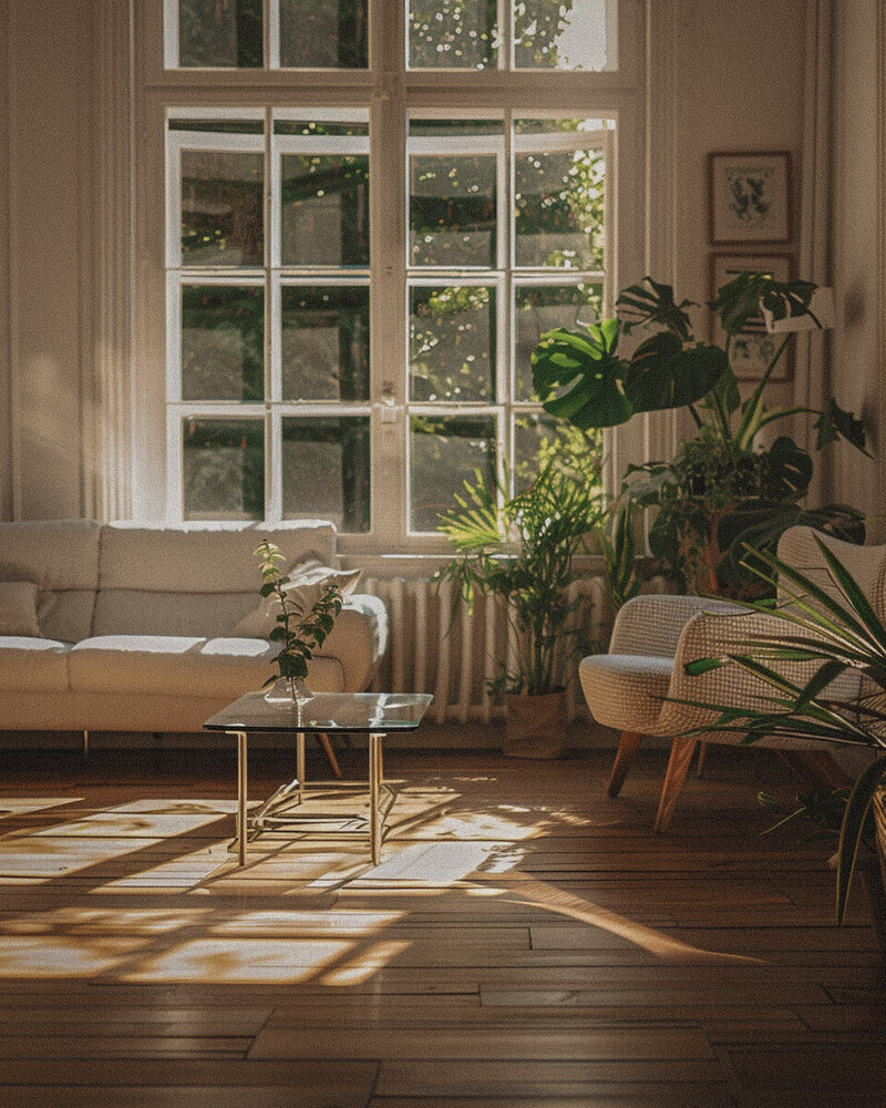 natural honey colored wooden floors with creamy white furniture ina room dominated by huge picture windows at least 8 ft tall paned and sunshinny