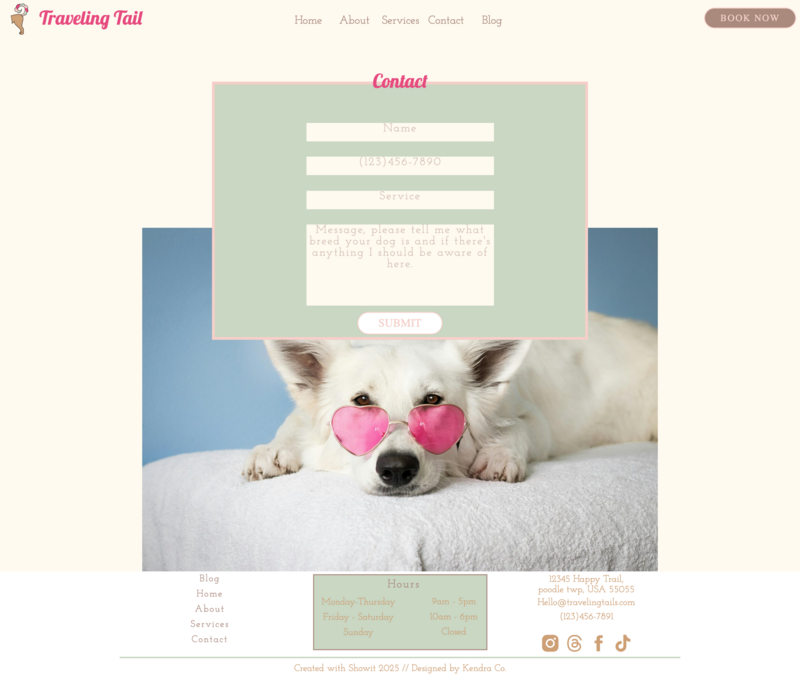 Contact page from The Traveling Tail Spa Showit template showing a clean, minimal contact form overlaying a cute white dog wearing pink heart sunglasses.