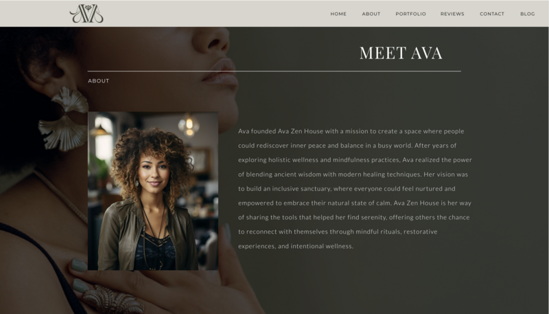 Ava Zen website about design showcasing serene colors and calming user interface for a wellness brand.