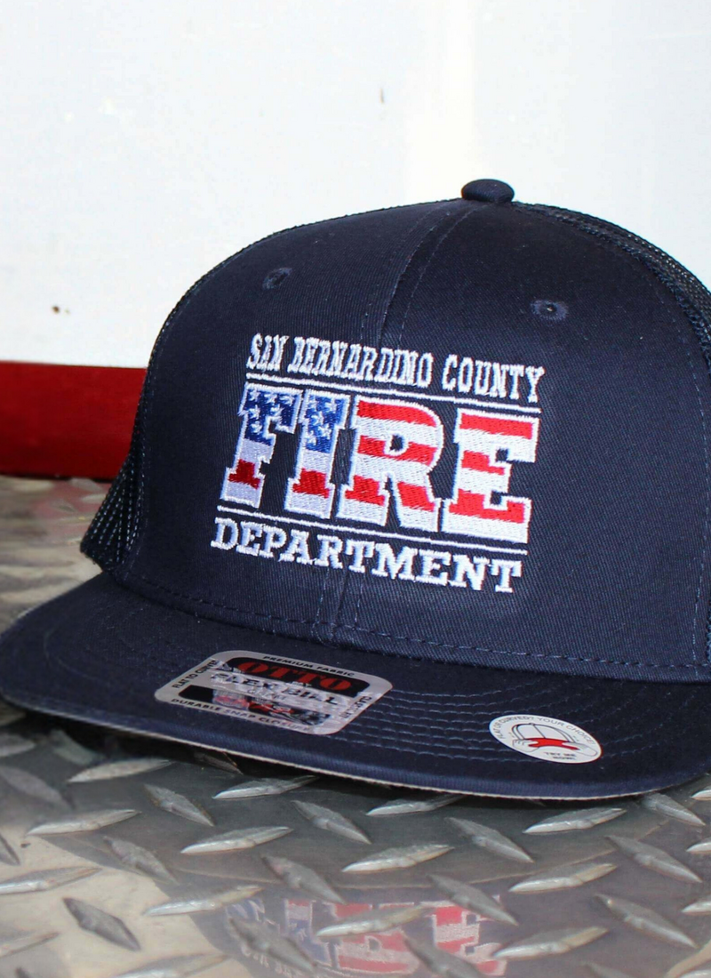 Up close of the embroidery on a custom flag hat for the San Bernardino Co firefighters 