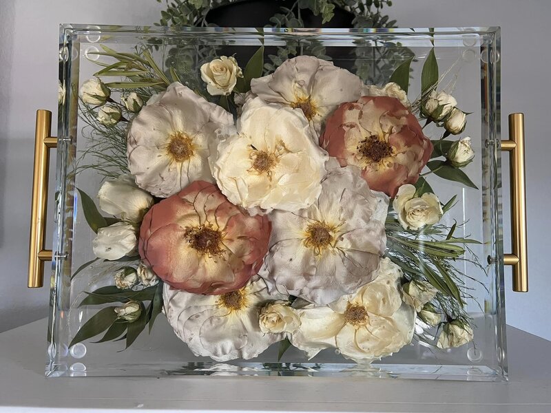 acrylic tray, resin tray, acrylic resin tray, resin serving tray, memorial piece resin, memorial preservation, wedding flower preservation, flower piece, cremation keepsake, ashes