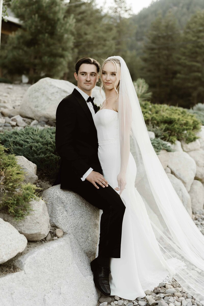 Romantic woodsy wedding couple in  with the majestic mountains in the distance