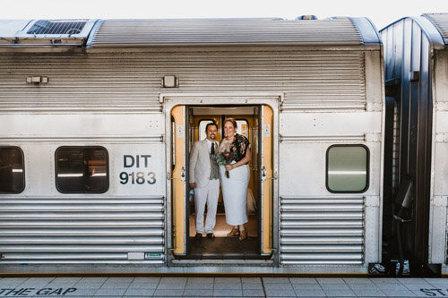 Sydney Elopement and Wedding Photography. Couple having fun on a Train!