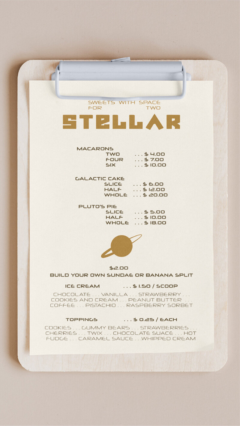 Stellar Desserts meny mockup on a clipboard