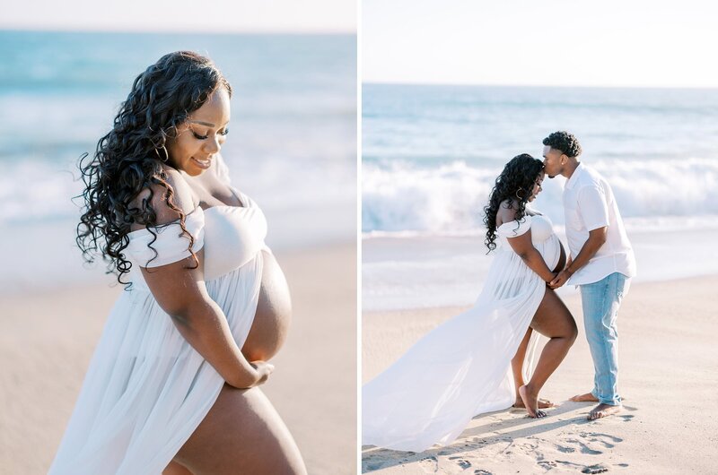 A couple snuggling on the beach during their Santa Barbara maternity session with Daniele Rose Photography
