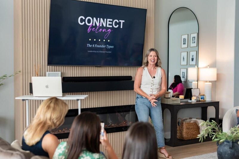 Tara Dunn speaking to female founders at a Connect Belong gathering about leadership