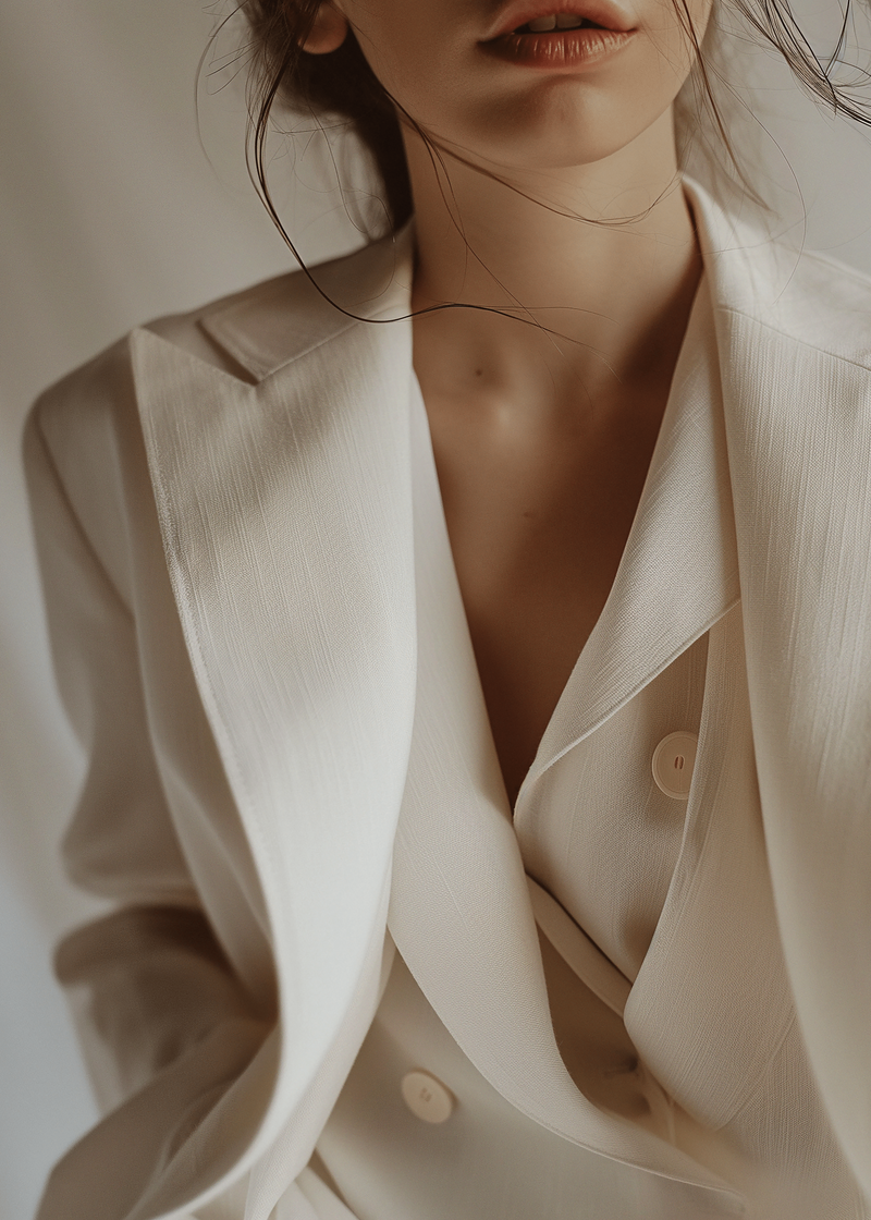 An up close photo of a woman in a beige suit
