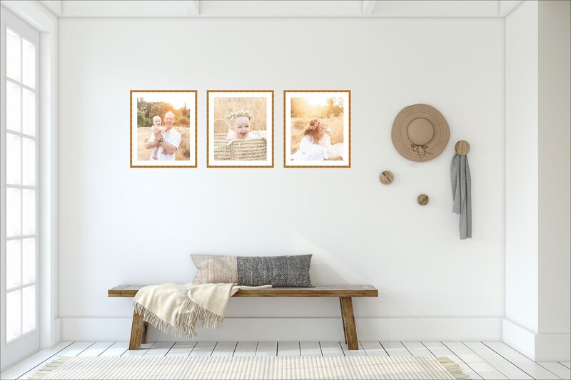 Series of three framed prints on a wall above an entryway bench. The images are of a dad and baby girl, a baby girl in a moses basket, and a mom and baby girl. Images taken at sunrise at Portland Family Photography session in the summer.