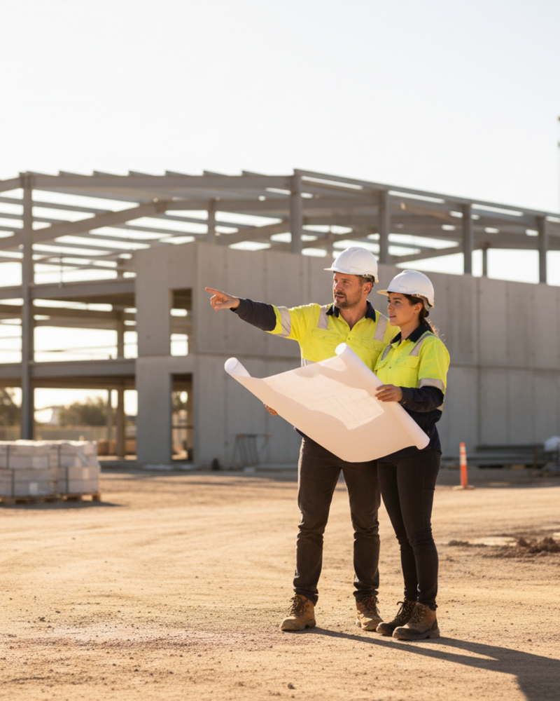 Two construction workers in high-vis vests and helmets reviewing blueprints on an active job site, highlighting collaboration and project planning.