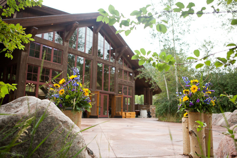 View of the beautiful Donovan Pavilion from the back patio on a rainy summer day in Vail