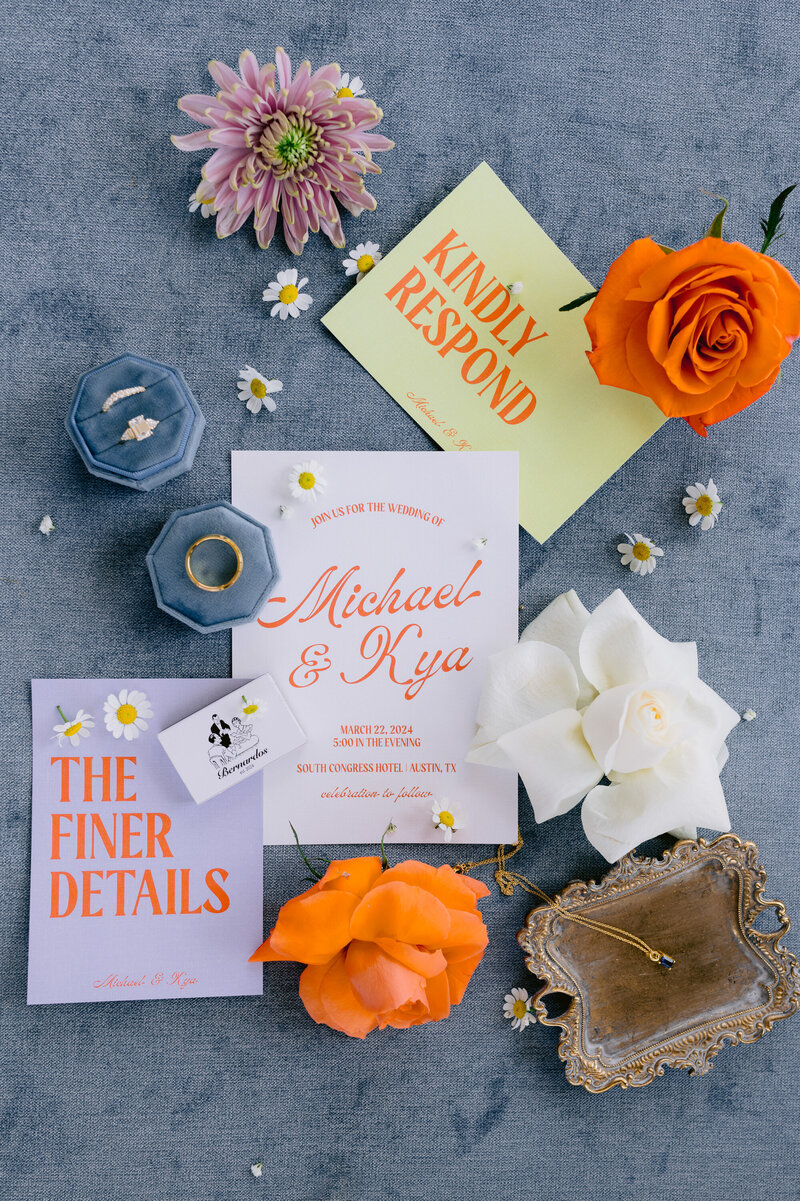 fun wedding details flatlay