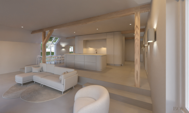 Realistische 3D render van  de keuken en woonkamer  van een woonboerderij in Zuid-Holland, ontwerp door interieurdesign studio BOU Living
