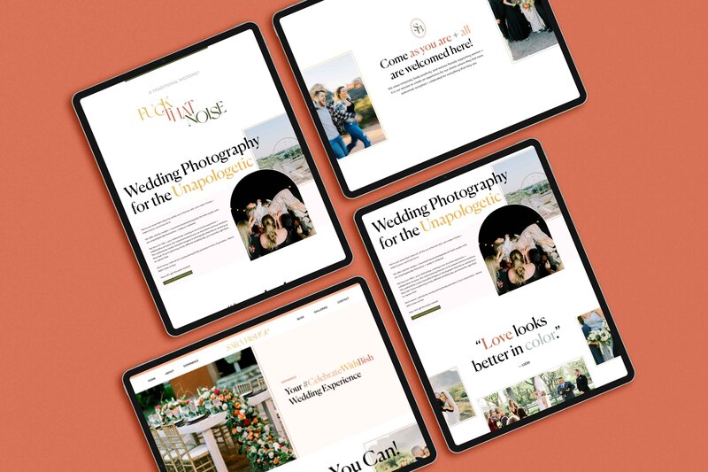 Four ipads showing a vibrant website design.
