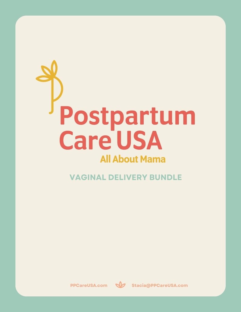 white cover with a blue outline that says "Postpartum Care of Indiana. All about mama. Vaginal Delivery bundle"