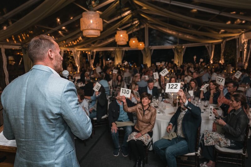 Guests raising paddles at a nonprofit gala