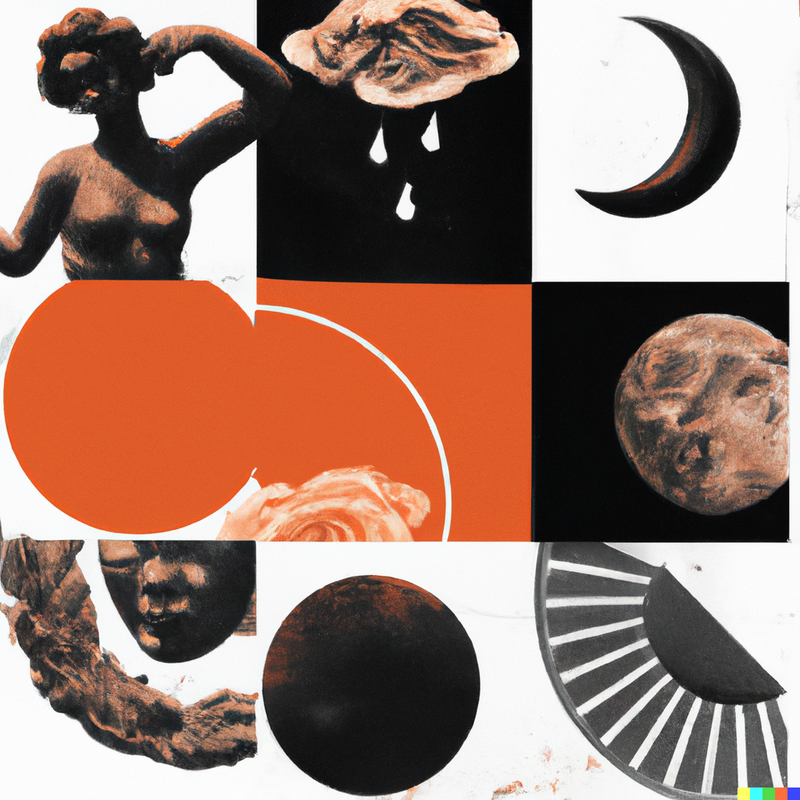 collage of moons, planets, and Venus type statues
