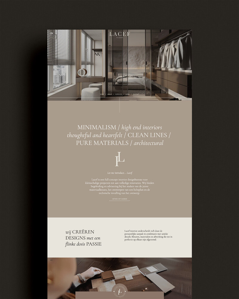 Luxe webdesign voor Lacef Interiors met focus op minimalisme, architectuur en hoogwaardige interieurprojecten.