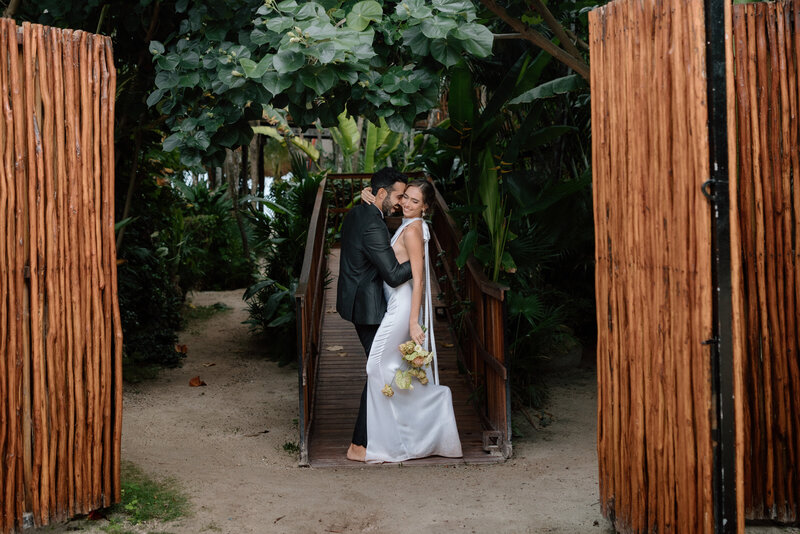 A couple exploring during their elopement wedding.