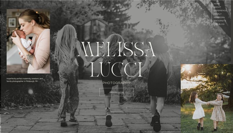 A beautifully crafted homepage for "Melissa Lucci Photography" showcasing heartwarming images of children and a mother kissing her newborn. With a sleek menu featuring Home, About, Experience, Family, Newborn, Maternity, and The Blog, the site exemplifies expert branding and website design.