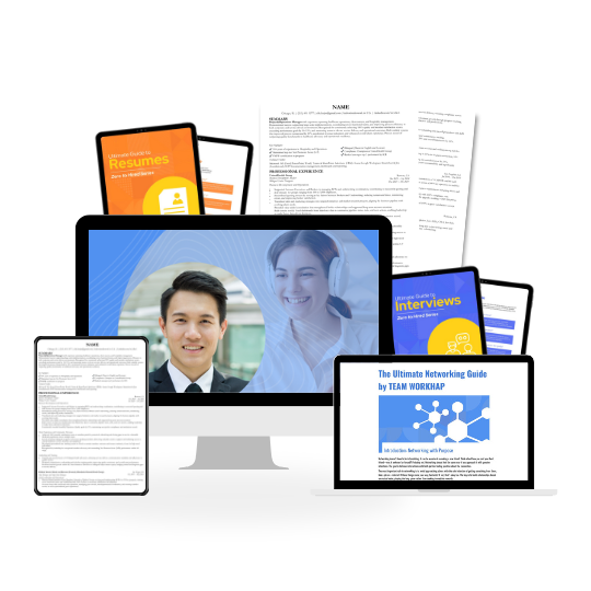 Mockup showing the Resume Rewrite package, including a professionally written resume, expert feedback, and digital career guides from Get Hired Lab.