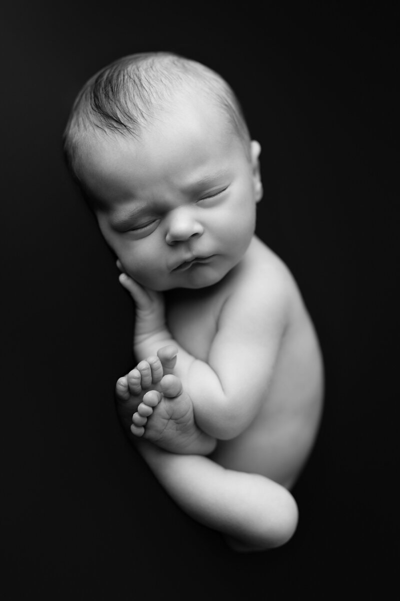 Fine art black and white newborn image of baby in womb pose – timeless and emotive portrait in Paris, Ontario