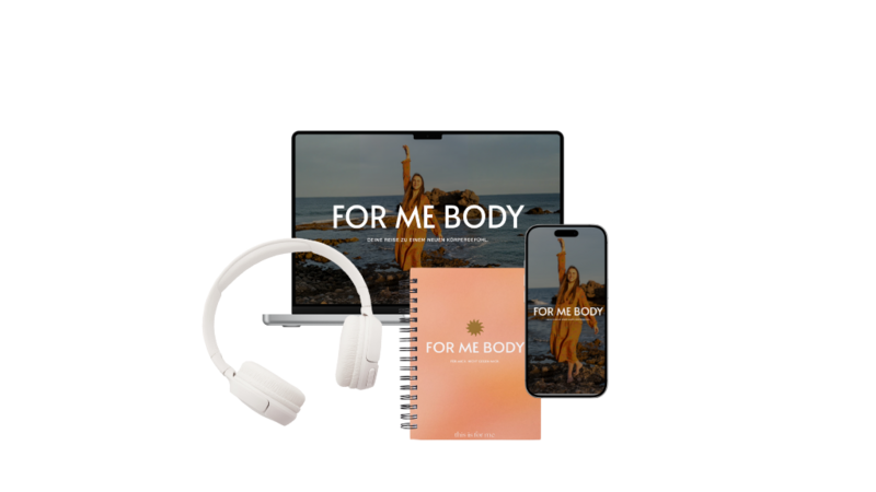 Übersicht des For Me Body Programmpakets mit Workbook, Mitgliederbereich und Audio-Übungen als ganzheitliche Begleitung für achtsames Essen und Körperbewusstsein.
