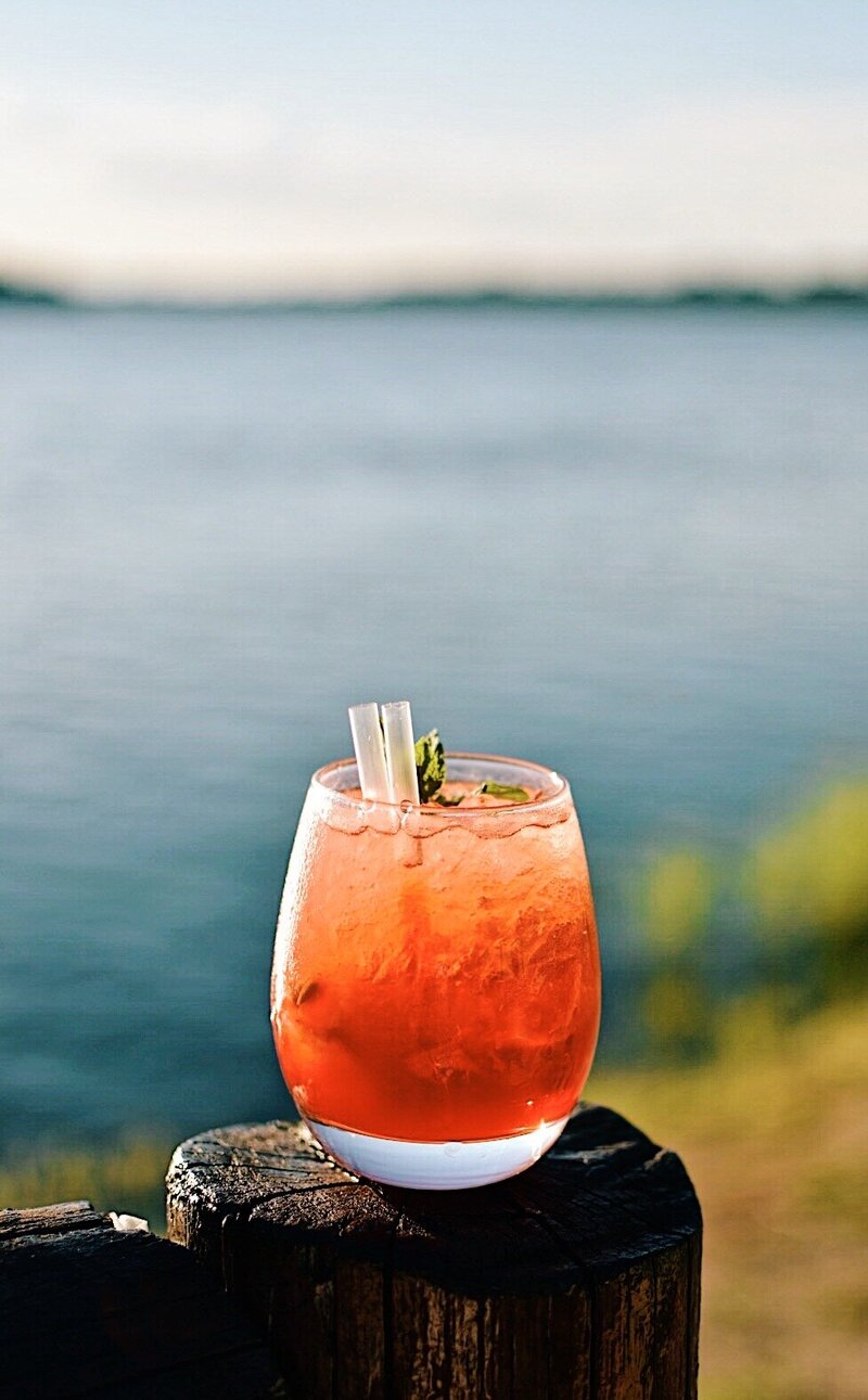 a photo of a cocktail by the lake