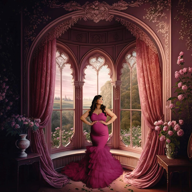 Expectant mom in pink gown in castle room  in Greater Toronto Maternity Photo session.