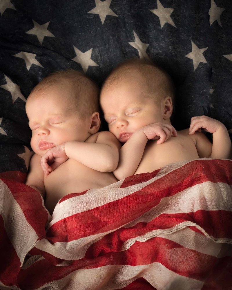 Twin Babies sleeping american flag in studios in redding CA professional kids portrait