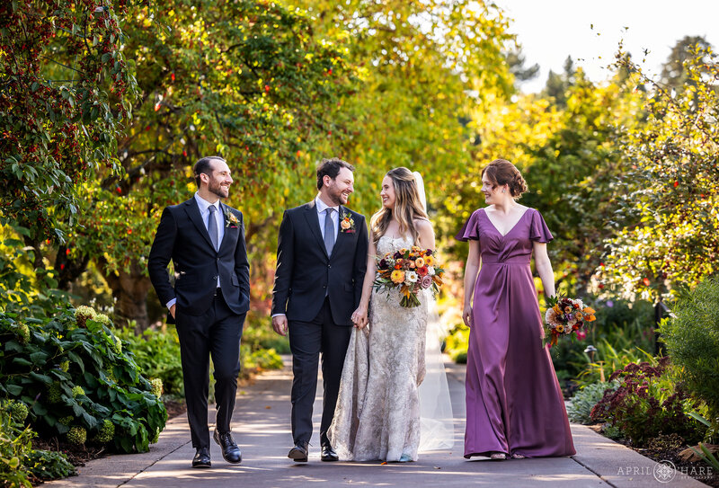 Wedding party photography along Shady Lane at Denver Botanic Gardens
