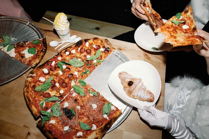 Brooklyn pizza wedding with croissant and white gloves at l'industrie pizzeria